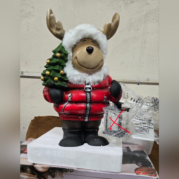 27" Festive Moose Figurine with Red Jacket and Christmas Tree - Picture 3 of 13